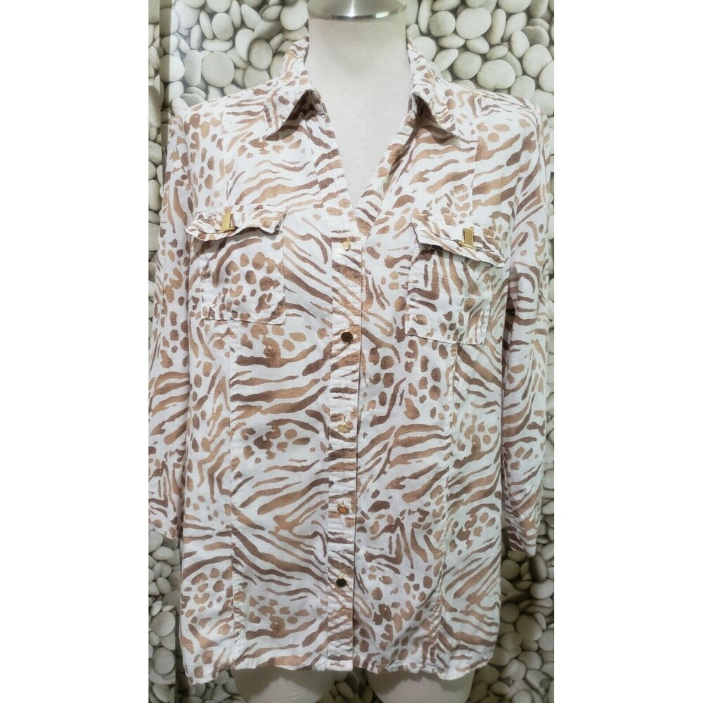 JM Collection Top Size 8 Linen Brown White Animal Print Gold Button Shirt